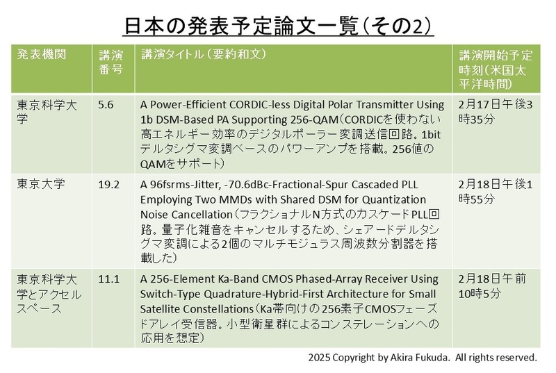 日本の発表予定論文(その2)。 ISSCC 2025のアドバンスプログラムとプレスキットから筆者がまとめた