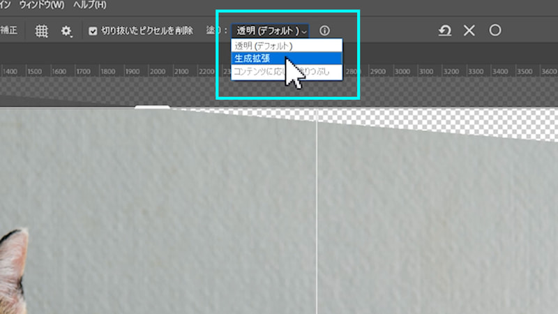 オプションバーの「塗り」を「生成拡張」にして○で確定すると処理が始まります