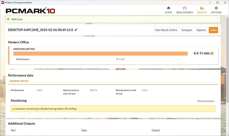 「PCMark 10 Battery Profile」の「Modern Office」では、公称値を超える6時間11分のバッテリ駆動を確認。これだけの駆動時間なら必要十分だ