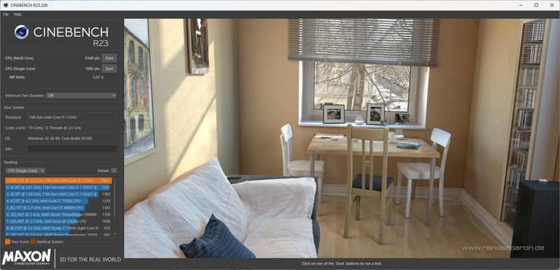 CINEBENCH R23の結果。こちらも大学生が主に利用するアプリが快適に動作することを示すスコアだ