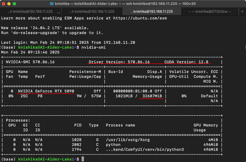 nvidia-smiでGeForce RTX 5090、Driver Version: 570.86.16、CUDA Version: 12.8を確認