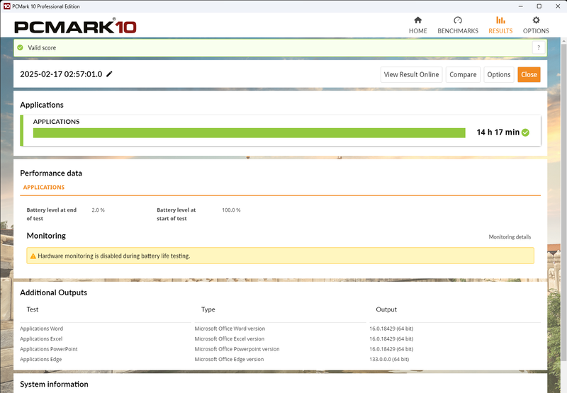 バッテリベンチマークではビジネスアプリ使用のイメージで14時間17分という結果