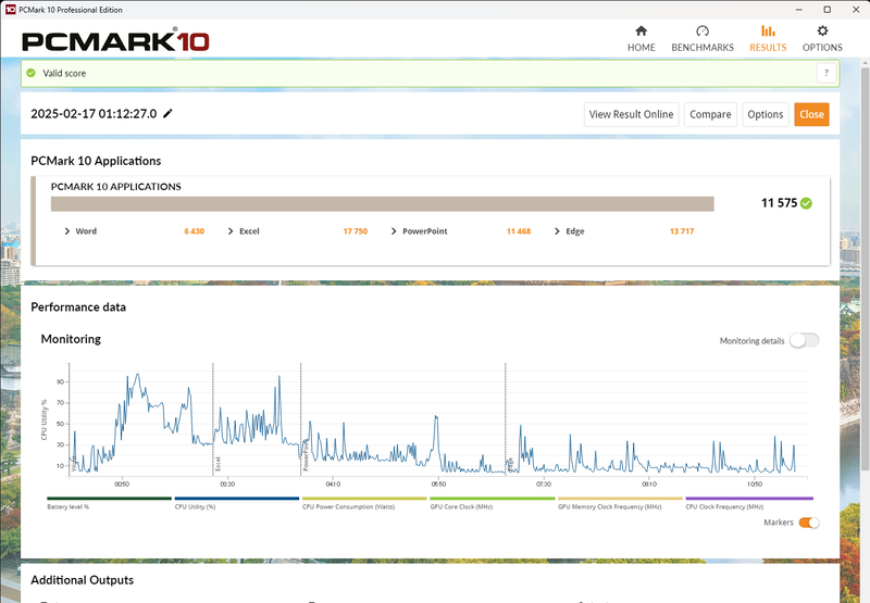 PCMark 10、Applicationsのスコアは11,575。Microsoft 365の主要アプリは快適に動作