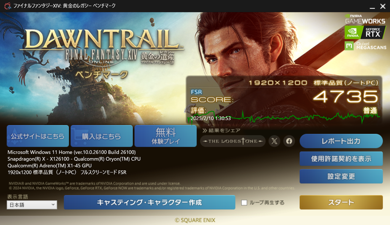 FFXIVベンチマーク、1,920×1,080ドット、標準品質(ノートPC)時のスコア