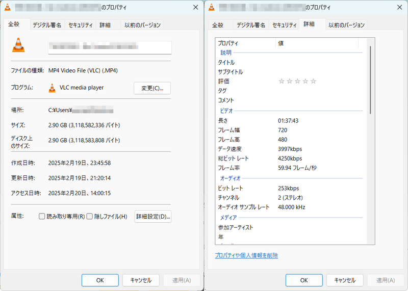 試しに約90分の長さをデータ化してみたが容量は2.90GBだった。なおサイズ(720×480)やビットレート、フレームレートなどは変更できない