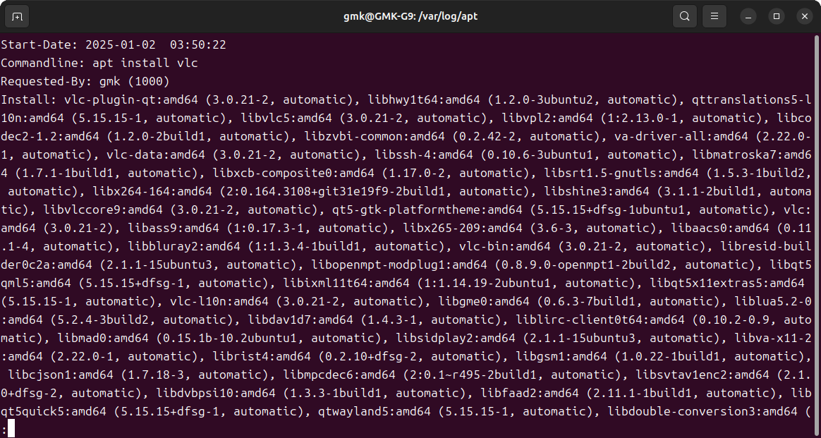 /var/log/apt/history.logによると、1月2日にgmkユーザーによってvlcパッケージがインストールされている、このあとは身に覚えがあるログに続く