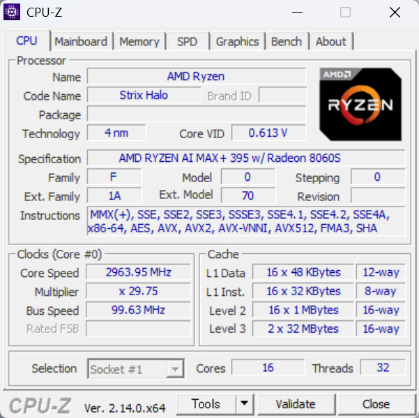 CPUは16コア32スレッドのRyzen AI Max+ 395を搭載