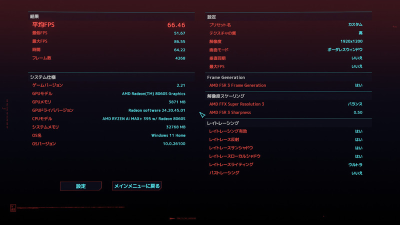サイバーパンク2077の内蔵ベンチマーク機能の結果。1,920×1,200ドット、画質「レイトレーシング : ウルトラ」、FSR 3をバランス設定＋フレーム生成有効で平均66.46fps