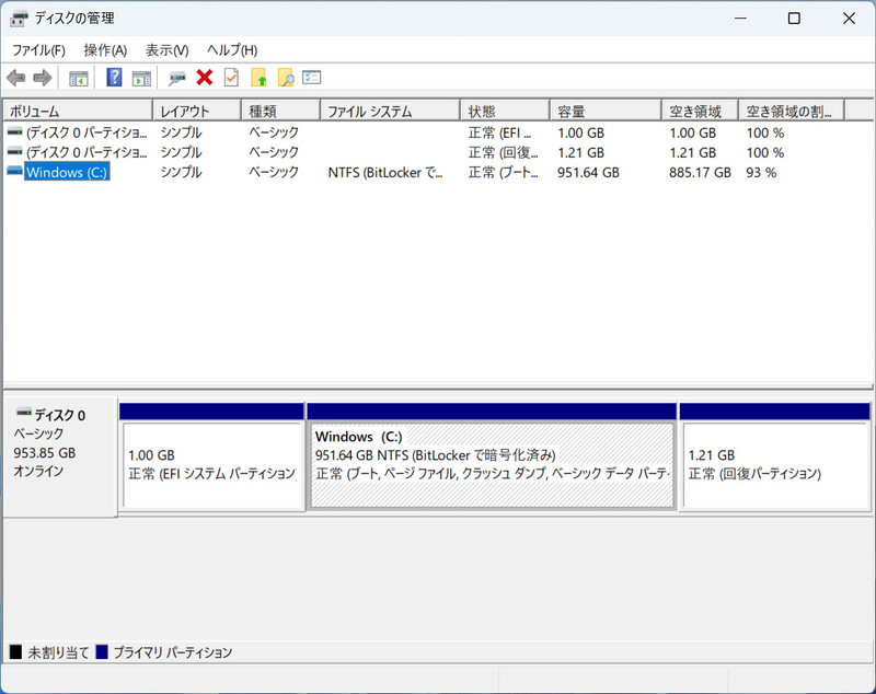 ストレージのパーティション。C:ドライブのみの1パーティションで約951GB割り当てられている。BitLockerで暗号化(Copilot+PCの要件でもある)。