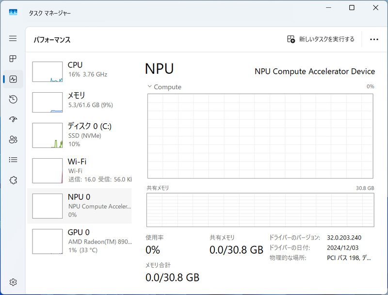 タスクマネージャーにNPUの項目が増えている