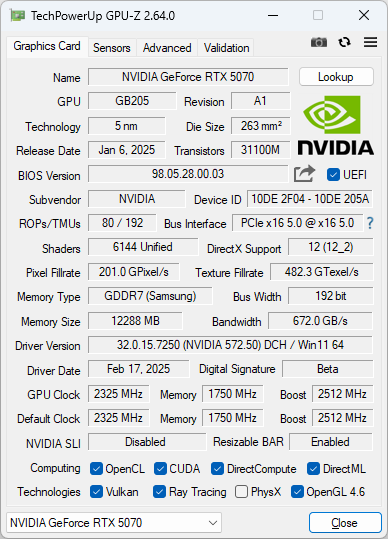 GeForce RTX 5070 Founders EditionのGPU-Z実行画面
