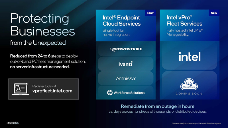 Core Ultraシリーズ2のvProでは新しく「vPro Fleet Services」と「Intel Endpoint Cloud Services」という2つの新しいリモート管理方法に対応する。前者は独立したSaaSで、後者はクラウドストライクやMicrosoftなどのサードパーティのクラウドベースのツールの組み込まれる