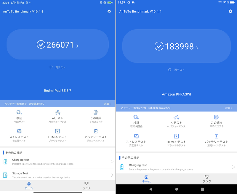 「AnTuTu Benchmark V10」でのベンチマーク結果。左が本製品で「266071」、右がFire HD 8で「183998」。倍ほどとはいかないが相当な差がある
