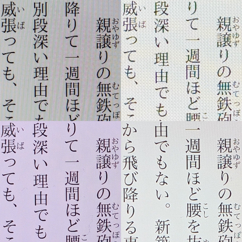 表現力の比較。上段左が本製品(179ppi)、右がFire HD 8(189ppi)、下段左がLenovo Legion Tab(343ppi)、右がiPad mini(326ppi)。300ppiクラスの製品との差は明らかだ