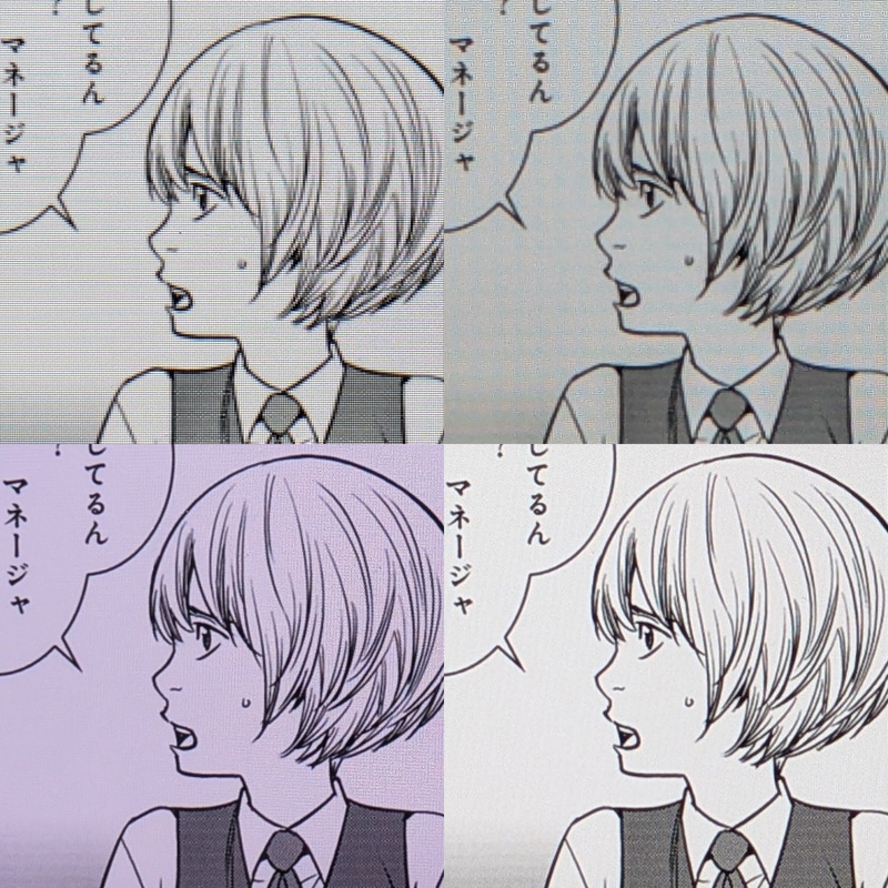 表現力の比較。上段左が本製品(179ppi)、右がFire HD 8(189ppi)、下段左がLenovo Legion Tab(343ppi)、右がiPad mini(326ppi)。テキスト以上に差が分かりやすい。またFireと比べてもややドットが粗く見える