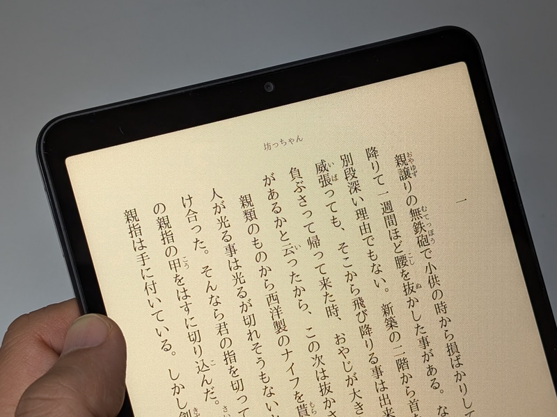 読書モード。この写真では分かりづらいが、画面にザラザラしたテクスチャ加工が施されている