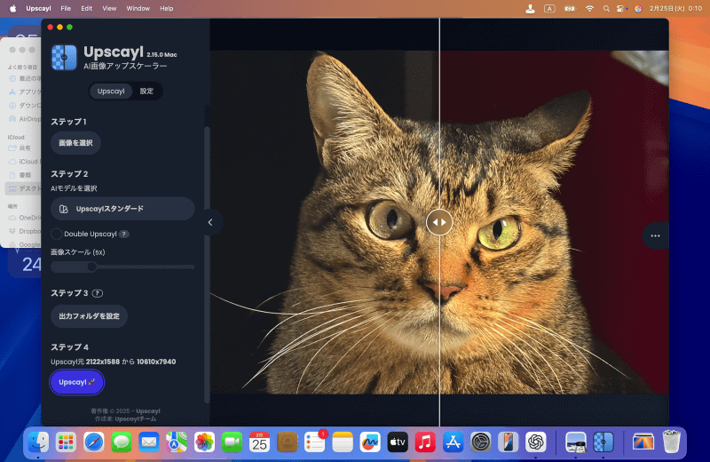 処理が完了すると、比較ビューが表示されます。センターにある[◁▷]をドラッグすると処理前(左側)と処理後(右側)を比較できます