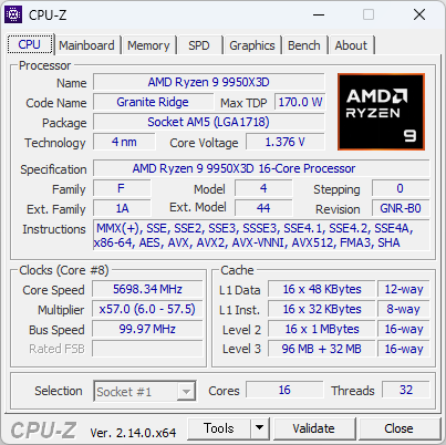 Ryzen 9 9950X3DのCPU-Z実行画面