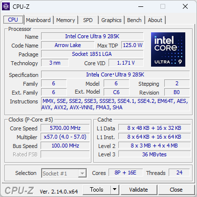 Core Ultra 9 285KのCPU-Z実行画面