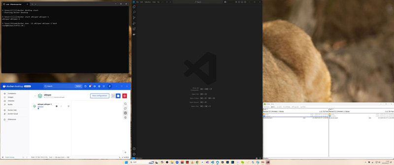 テキストエディタとファイラーを起動。さらにDockerも起動して、音声から文字起こしするための仮想環境上のコマンドラインツールを素早く実行できるようにした