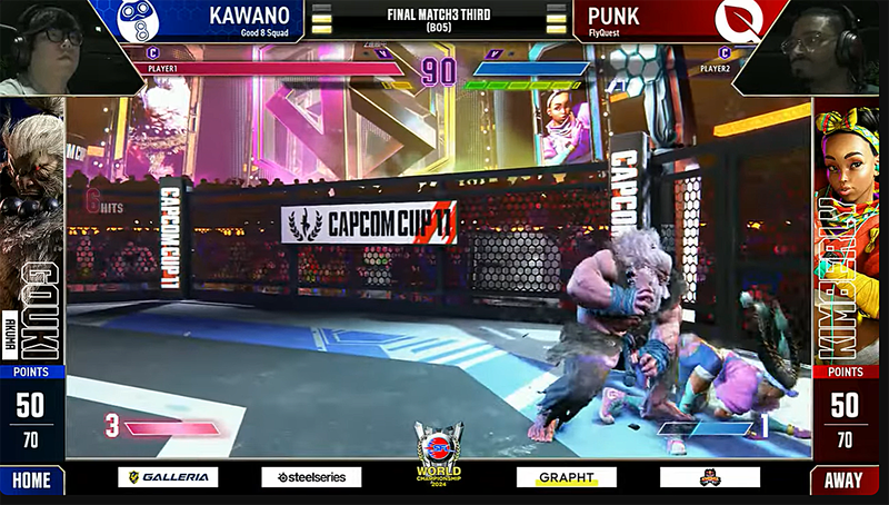 フルラウンドフルセットまでもつれた大将戦の最終ラウンド、最後はカワノの豪鬼による4連続の投げが決まり、フィニッシュ、優勝を決めた