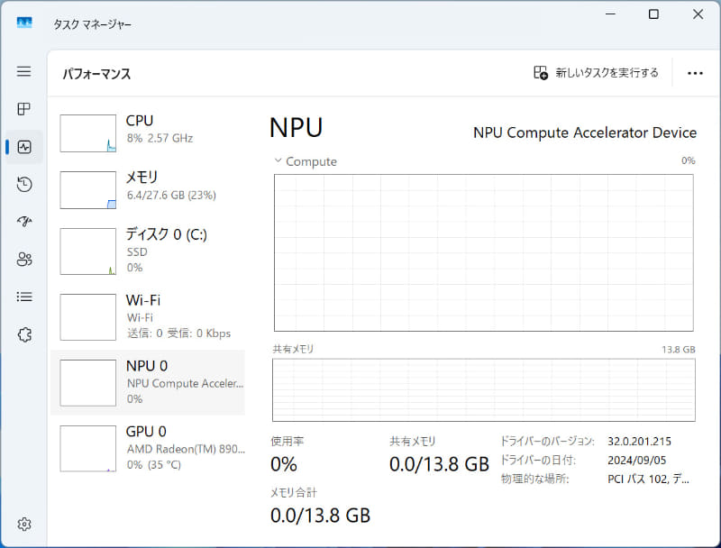 タスクマネージャにNPUの項目が用意されている