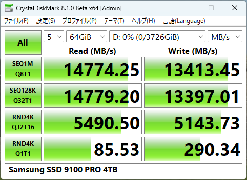 ブロックサイズ64GiB、9100 PRO