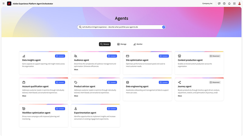 Adobe Experience Platform Agent Orchestrator。10種類のAIエージェントが用意される