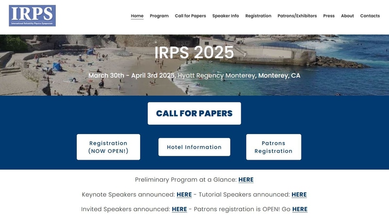 IRPS(国際信頼性物理シンポジウム)の<a href="https://www.irps.org/" class="n" target="_blank">Webサイト</a>(トップページの一部)