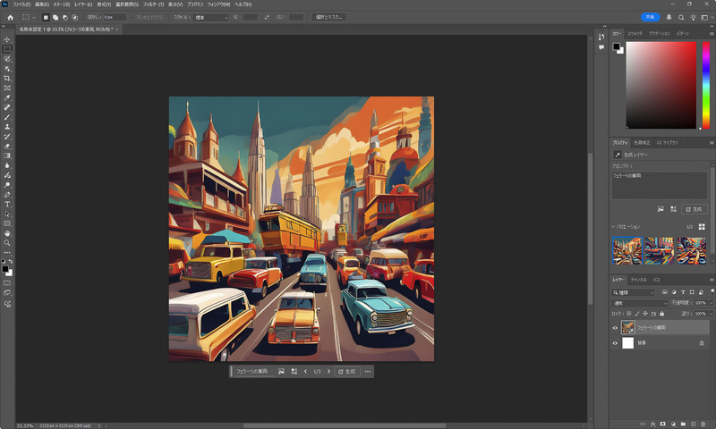 Fireflyを利用して画像生成を行なうPhotoshopに「フェラーリの車両」と指定してもフェラーリの車両は生成されない、ガードレールの機能が働いているからだ