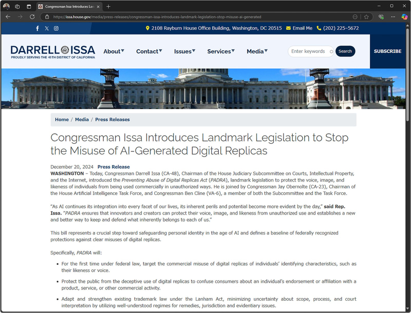 PADRAを説明する<a href="https://issa.house.gov/media/press-releases/congressman-issa-introduces-landmark-legislation-stop-misuse-ai-generated" class="n" target="_blank">Webサイト</a>