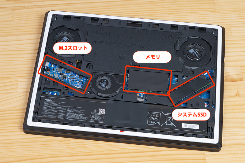 標準でM.2スロット1基に空きがある。ファンの清掃を簡単にできるのも便利なところ