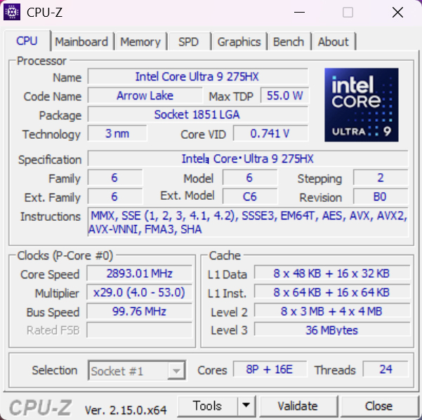 CPU-Zでの表示。CPUには24コア24スレッドの「Core Ultra 9 275HX」を搭載。Pコアを8基、Eコアを16基備えている