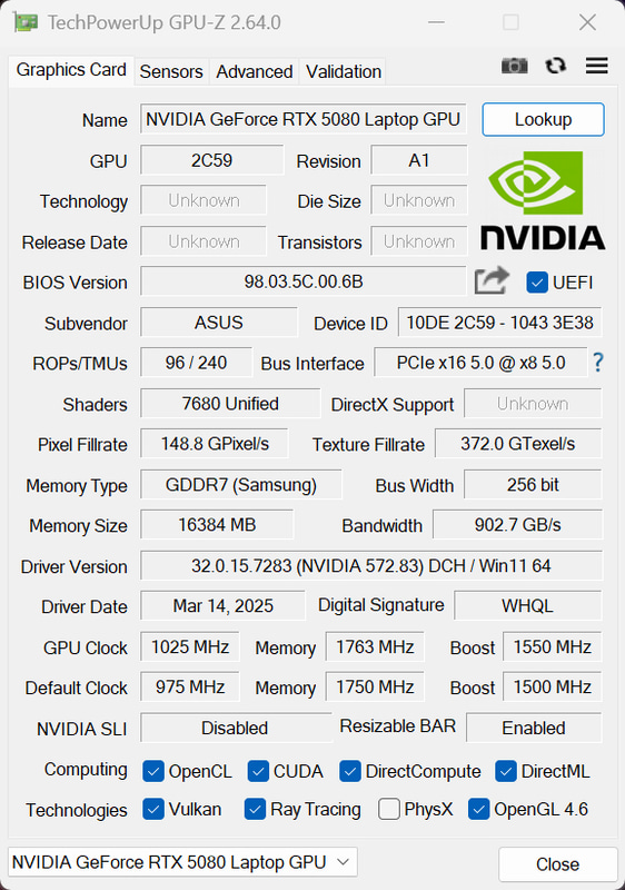 GeForce RTX 5080 Laptop GPUのGPU-Zでの表示。原稿執筆時点では正式対応しておらず、一部非表示だったがブーストクロックが1,550MHzなのは確認できる