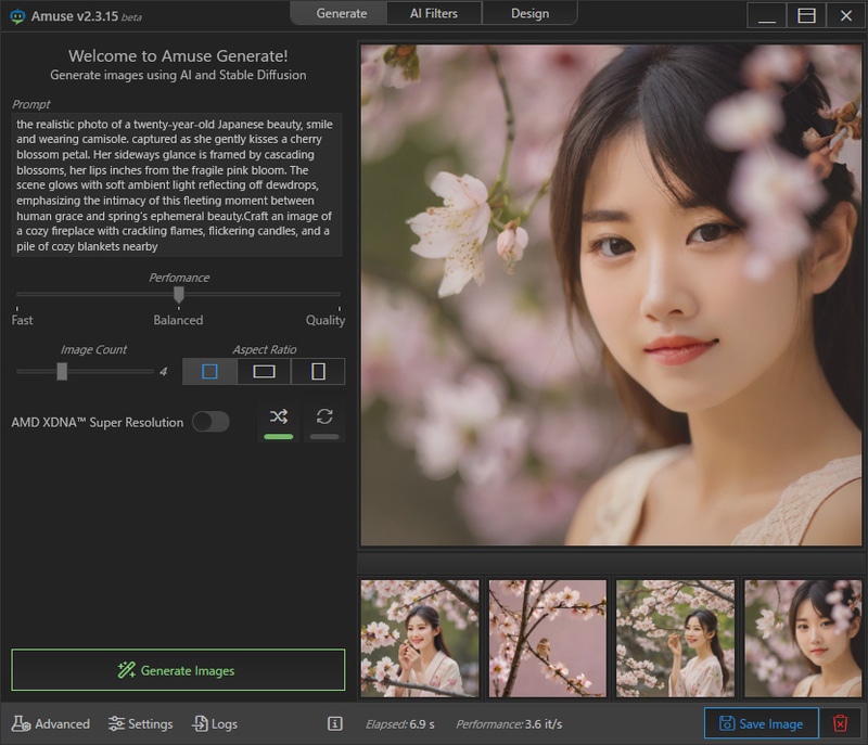 Amuse / Easyモード。4枚で6.9秒と4ステップのSDXL Turboを使ってるので速い