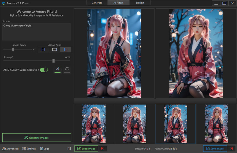 Easyモード / AI Filter。元画像に“Cherry blossom park style”を適応