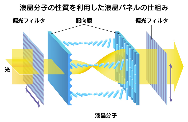 電圧OFF時。光は液晶分子に導かれて位相が回転して出口側の偏光フィルタを通り抜けられる。これが"明"表示
