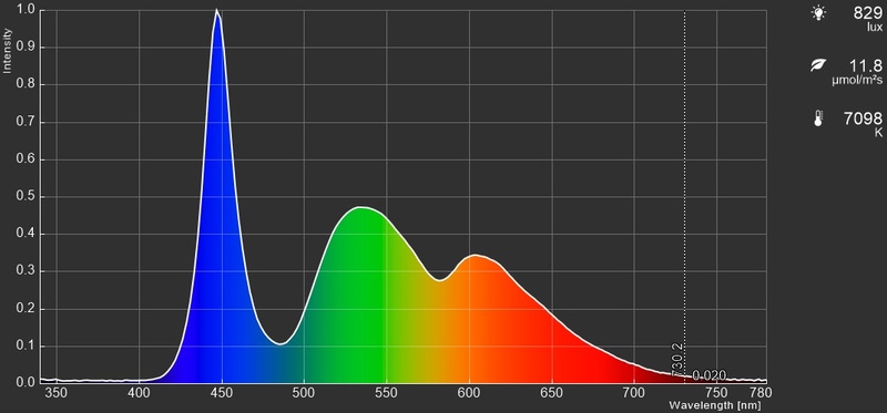 一般的な白色LEDを使った液晶モニターの白色光のスペクトラム。白色LEDの実体光源は青色LEDなので、青色光のスペクトラムは鋭く分離感も良好だが、赤と緑のスペクトラムはピークが低く、分離感も曖昧。理由は、黄色蛍光体から発せられる黄色成分が残るため