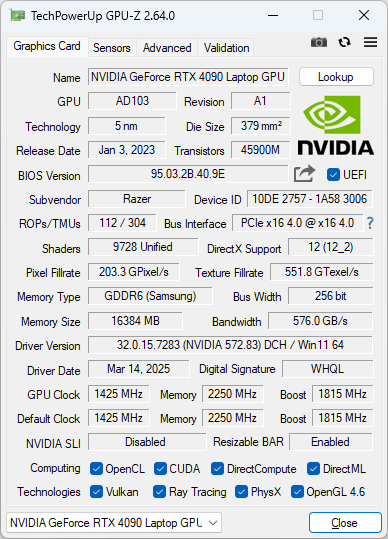 GeForce RTX 5090 Laptop GPUのGPU-Z実行画面