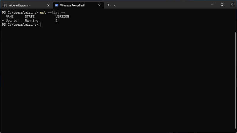 使われているWSLのバージョンの確認。UbuntuがWSL2で動いていることが分かる