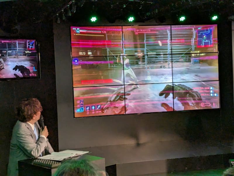 ゲームプレイのデモでは「Cyberpunk 2077」のボクシング対決の部分をプレイ。画面をよく見ると、フレームレートは70前後となっており、あまりパフォーマンスが発揮できていないが、後にこれがバッテリ駆動だった事実が明かされる