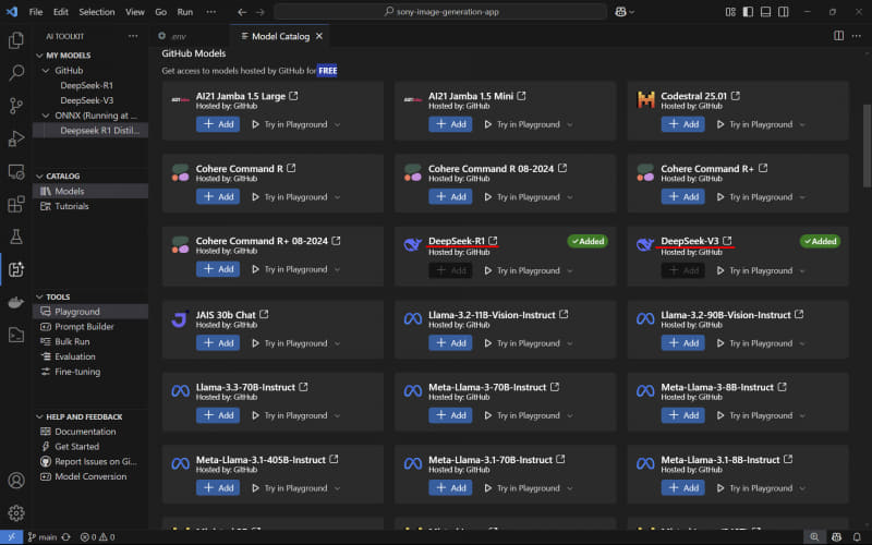 モデル一覧にDeepSeek-R1/DeepSeek-V3もあり、無償で利用できる