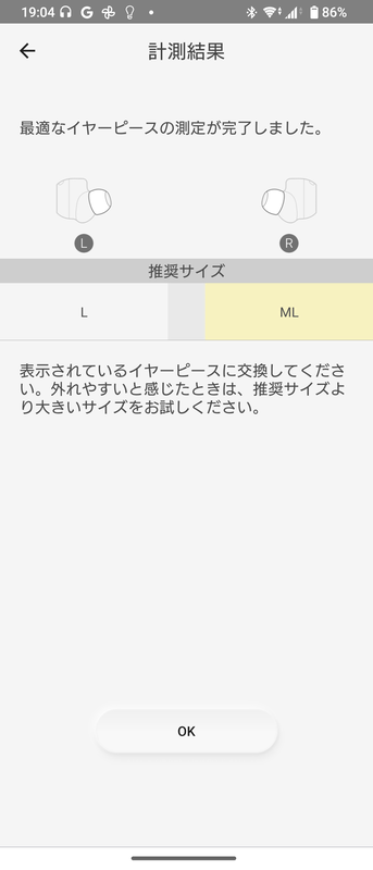 各サイズのイヤーピースをとっかえひっかえ測定した結果、筆者の場合は右耳の推奨サイズが「ML」、左耳の推奨サイズが「L」と判定された