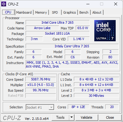 Intel最新の20コアCPU「Core Ultra 7 265」