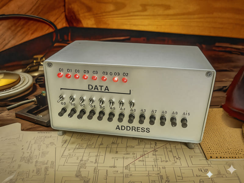 当時自作したMC6802マイコンのイメージ写真をGeminiに作ってもらった。が、アドレス、何度言ってもx16にならない(ChatGPTも同様)。とは言え、おおよそこんな感じだ(笑)