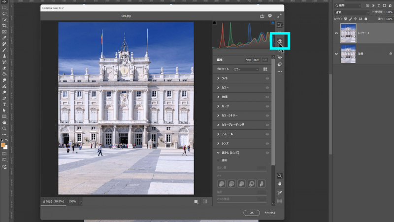 Camera Raw右の消しゴムのアイコンを選択
