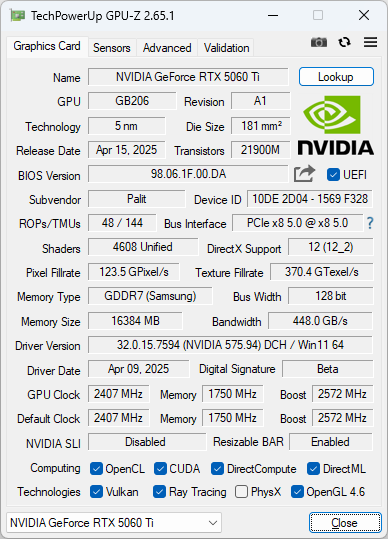 Palit Microsystems GeForce RTX 5060 Ti Infinity 3のGPU-Z実行画面