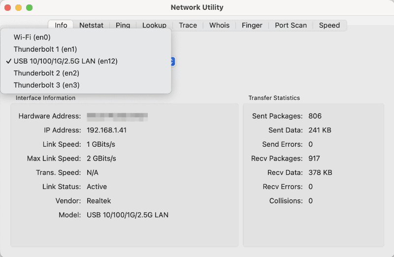 [Info]タブでは、Macで利用可能なネットワークインターフェイスや「MACアドレス」とも呼ばれるハードウェアアドレス、IPアドレス、リンク速度などの基本情報を確認できます