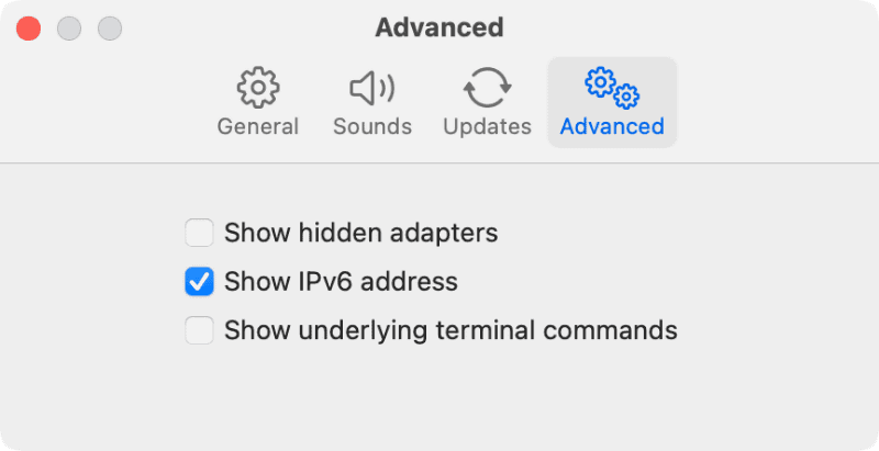 アプリケーションメニューから[Settings(設定)]を開き、[Advanced]タブから[Show IPv6 address]にチェックを入れると、[Info]タブでIPv6アドレスを確認できます