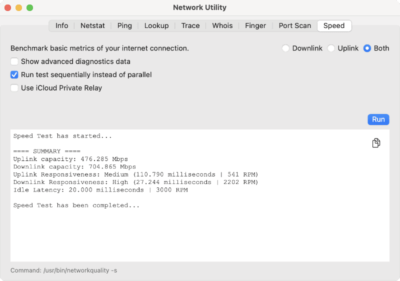 [Speed]タブでは、macOS Montereyから採用された「networkQuality」コマンドが利用できます。指標として1分間あたりのラウンドトリップ数(RPM)が採用され、ネットワークの状態をより実際に近い形で測定できます